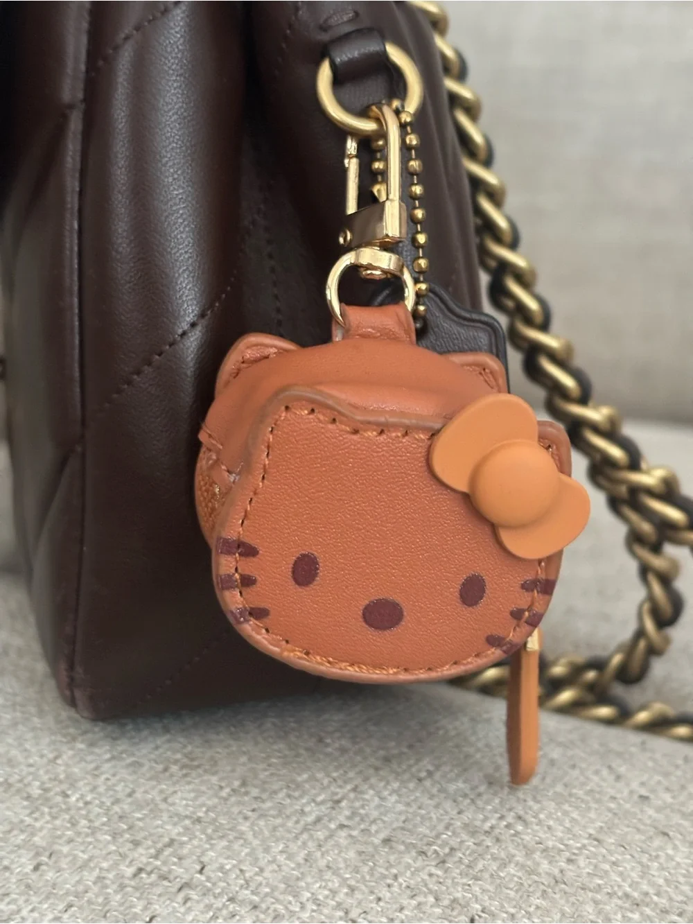 Hello Kitty Brown and Tan Leather Kitty Charm Keychain